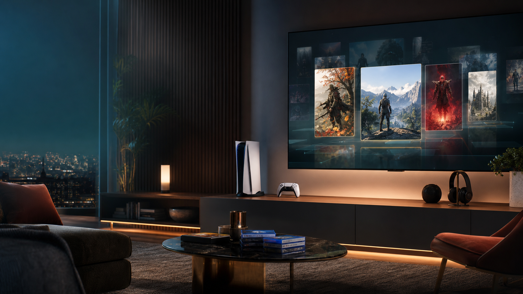 A cinematic gaming room with a console, controller, and game discovery dashboard glow